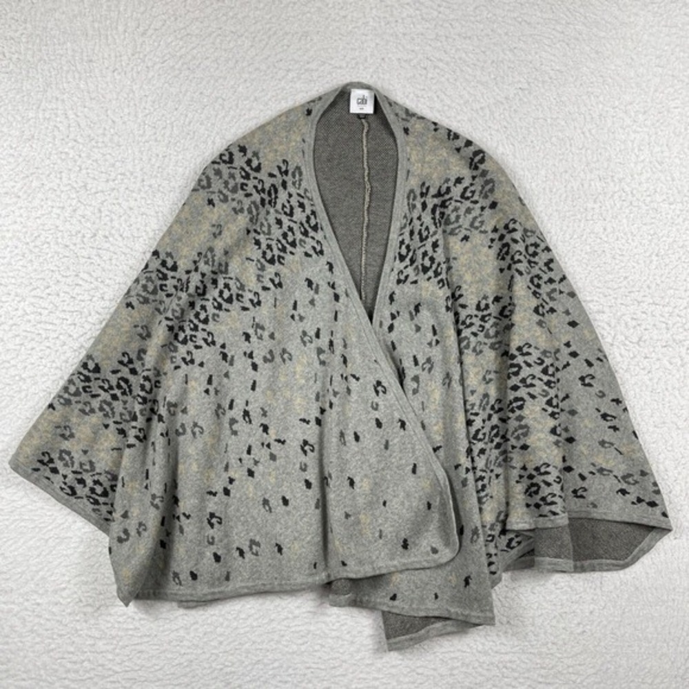 Cabi Sweater Womens O/S Gray Wrap Gigi Cape Poncho Leopard Open Shawl Cardigan
